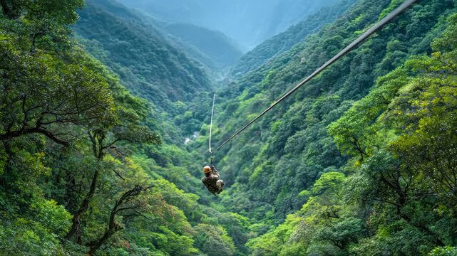 Adventurous individual ziplining through lush green valley, surrounded by dense foliage and mountains, showcasing thrilling descent, camera follows smoothly