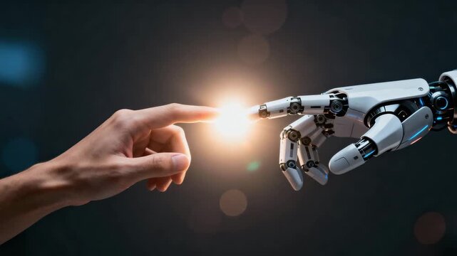 Human and robotic hand reaching for connection in a futuristic setting