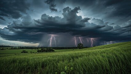 Stormy weather with dark clouds and lightning over a green field.