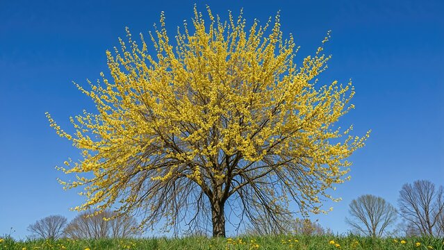 A tree in full bloom with yellow flowers under a clear blue sky in spring. - Powered by Adobe