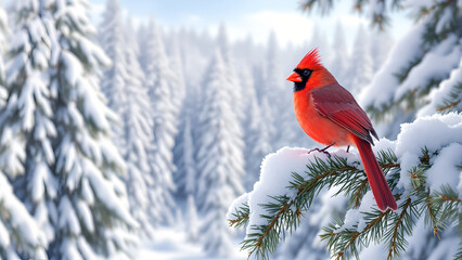 Beautiful red cardinal, a symbol of winter and Christmas, on a snowy tree with copy space