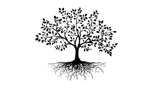 Silhouette tree graphic design white background. Black tree silhouette showing roots and branches spreading. Elegant silhouette of a tree with leaves and roots on a white background. 