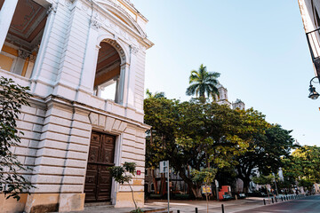 Merida, Yucatan, Mexico, Large white building with a brown door and a window. The building is surrounded by trees and a street