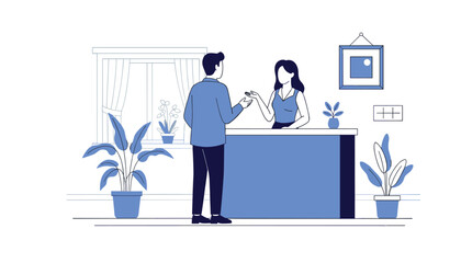 Professional woman assists customer at modern reception desk in stylish office conveying welcoming service and efficient interaction