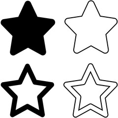 A versatile collection of four black star icons, including solid, thin outline, bold outline, and double line styles, ideal for representing rating and favorite symbols in web and app design