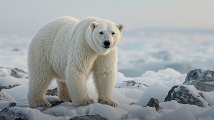 Polar bear in icy landscape from the Arctic with snow and rocks. Wildlife and nature, concept. Animals and environment. The concept of Arctic wildlife and natural habitat.