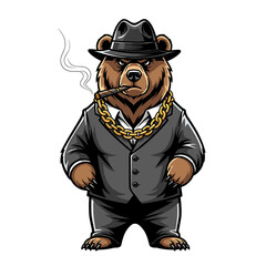 Cartoon bear dressed in a suit and fedora, smoking a cigar and wearing a gold chain.