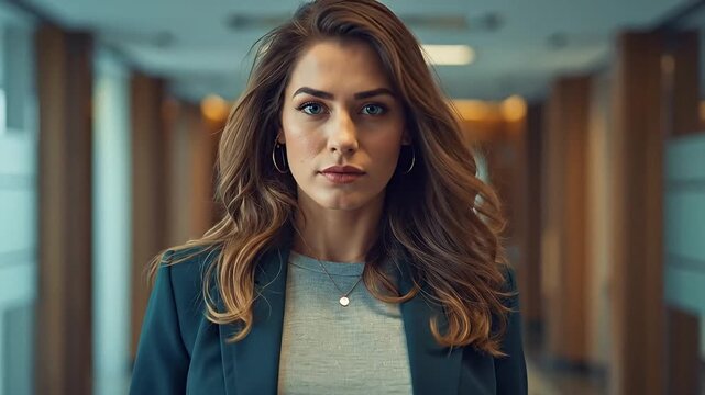 Confident female school principal with a determined gaze, standing professionally in a modern school hallway, embodying leadership and authority