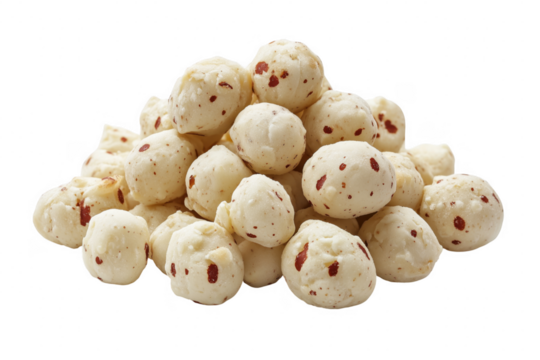 White puffed snacks with red speckles isolated on a transparent background