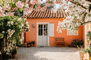 Elegant guest house in Mediterranean style in pastel tones, flowering trees, warm courtyard, representing comfort, leisure, cultural heritage, suitable for hospitality industry and vacation rentals