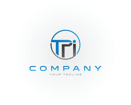 Blue and gray T P I letters inside circle with company text vector template logo graphic