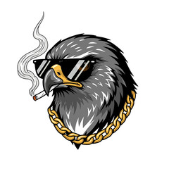Cartoon illustration of a falcon head wearing sunglasses and a gold chain, smoking a cigarette.