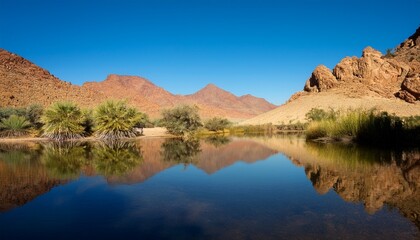 serene landscape of still waters reflecting mountains under clear blue sky in a desert oasis