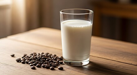 A refreshing glass of milk sits beside a scattering of rich coffee beans on a rustic wooden table, illuminated by soft, natural light, creating a cozy and inviting scene