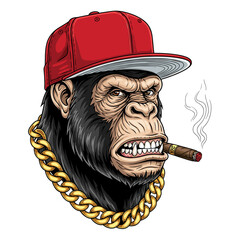 A stern-faced chimpanzee wearing a red cap and gold chain, smoking a cigar.