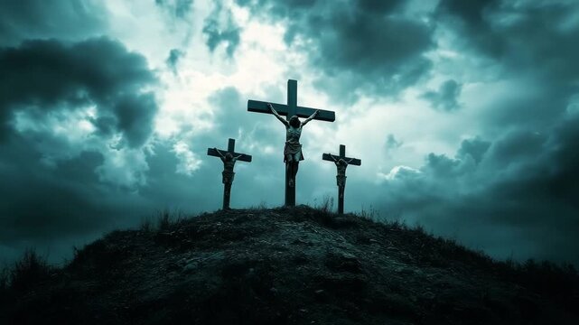 Three Crosses on Calvary Hill with Jesus Christ Crucified Under Dramatic Cloudy Sky, Representing Easter, Resurrection, Faith, and Christian Religious Symbolism