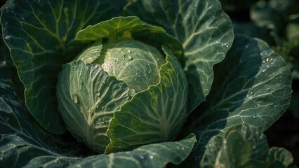 Obraz premium Close-up of a fresh cabbage plant with dew droplets, showcasing its green, leafy head among dark green leaves.