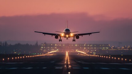 Airplane landing on illuminated runway at twilight, city lights in background