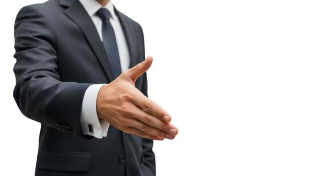 Businessman offering handshake isolated on transparent background - Powered by Adobe