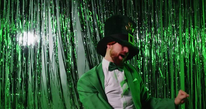 Saint Patrick day funny mischievous elf celebration, national Irish costume, happy dance nightclub entertainment, party bright green lighting background, cute disco dance hall discotheque, event