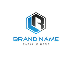 Blue and vector template black hexagon logo with letters L and R and text B R A N D N A M E abstract