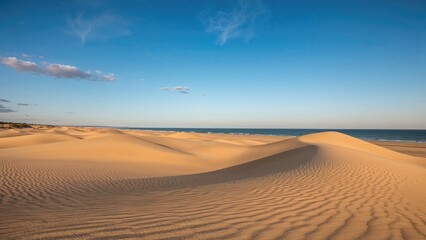 Golden sand dunes stretching along the coast under a blue sky. Desert landscape with dunes and clear weather. Sand dunes and beach scenery.