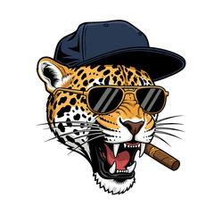 Cartoon jaguar head wearing sunglasses and a cap, with a cigar in its mouth, on a white background.