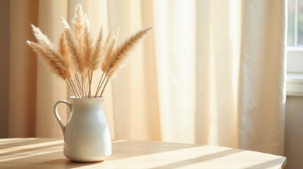 Pampas grass in a white ceramic vase on a wooden table with sunlight