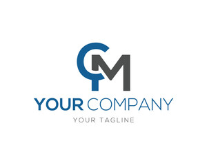 Letter C M monogram with grey M and blue text Y O U R C O M P A N Y vector template logo letter