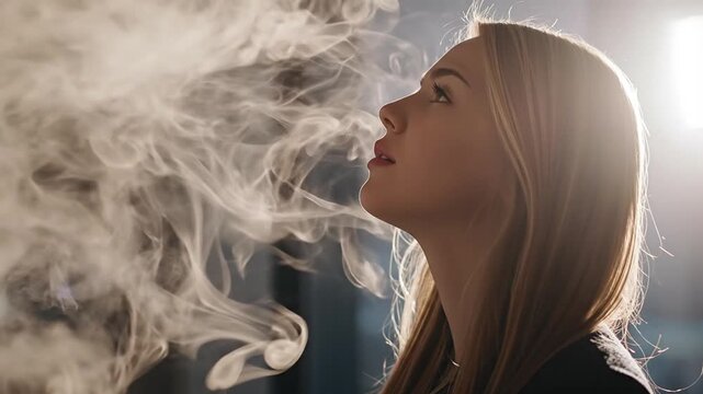 Young Woman Exhaling Dense Vapor Cloud in Backlit Profile, Creating Atmospheric Mist