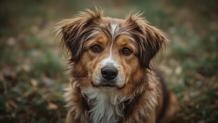 Fototapeta premium A cute mixed-breed dog with brown, white, and black fur sitting outdoors on a leafy background.