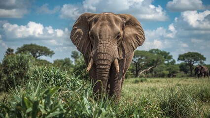 Obraz premium A large elephant standing amid grassland with trees and a blue sky with clouds in the background.