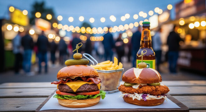 Gourmet Burgers and Fries at an Outdoor Food Festival Evening Scene