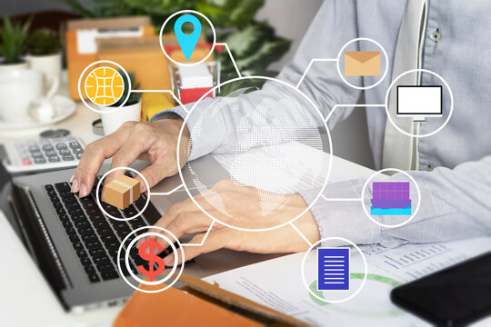 Business concept of product management system, payment, product packaging from order, delivery to address by shipping company.