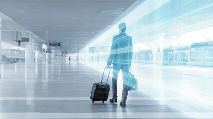 Professional traveler moves confidently through bright, digitalized airport, blending real, virtual worlds. Scene highlights innovation, connectivity, future global business travel - Powered by Adobe