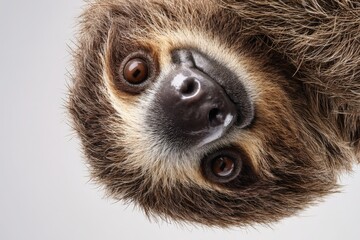 Fototapeta premium Sloth hanging upside down on a soft surface with a white background
