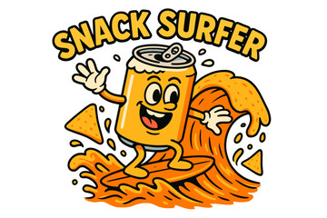 Cartoon Can Character Surfing on Orange Wave with Tortilla Chips Illustration
