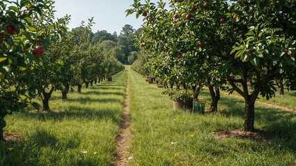 Naklejka premium Apple orchard with rows of trees and red apples, lush green grass, and a clear sky, showing a sunny day in an agricultural landscape.