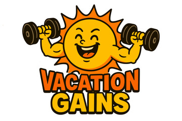 Happy cartoon sun character lifting dumbbells with Vacation Gains text below in orange and yellow on black background