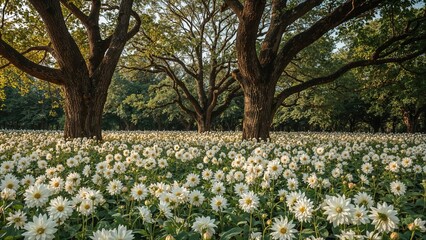A field of white daisies with large trees in the background during daytime.