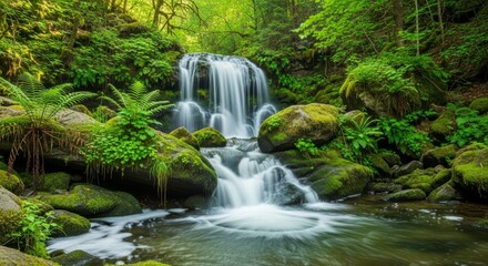 Waterfall in a Lush Forest - A scenic waterfall flows over mossy rocks in a vibrant green forest, creating a peaceful and serene natural landscape