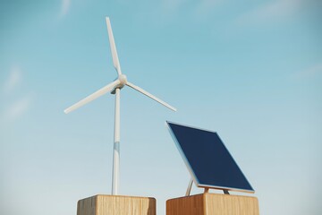 Wind turbine and solar panel on wooden pedestals against a clear blue sky Keywords: wind turbine, solar panel, renewable energy, sustainable, green energy, electricity, power, generation