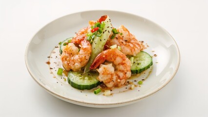 Shrimp and cucumber salad on a white plate, garnished with green onions and red pepper flakes. Fresh seafood and vegetable dish presentation.