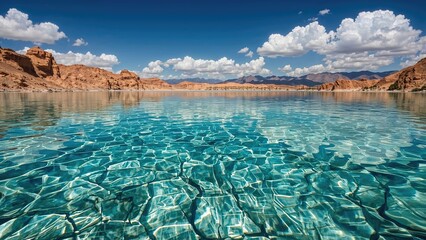 Clear turquoise water in a desert lake with rocky cliffs and mountains under a bright blue sky with clouds.