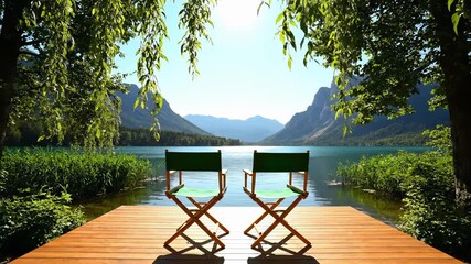 Serene lakeside view with two chairs. Bright sunlight casts shadows on wooden deck. Nature's beauty creates relaxing atmosphere for peaceful retreats and leisure.