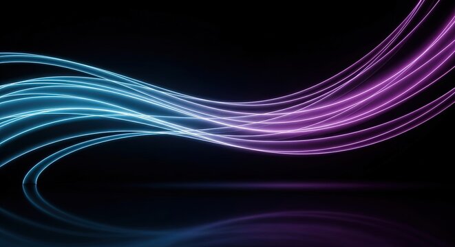 Abstract flowing lines on dark background. Vibrant neon light trails. Smooth wavy stripes in blue and purple. Digital art with glowing curves and reflections on surface. - Powered by Adobe