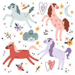 Cute set with colorful horses and stars in boho style. Baby shower or poster for nursery or kids room, T-shirt design. Vector cartoon illustration.