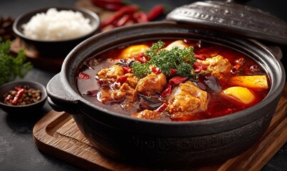 Traditional chinese food, Sichuan Hot Pot . A hearty clay pot dish with tofu, peppers, and herbs steams invitingly beside white rice. The image captures rich flavors, comfort food, and culinary warmth