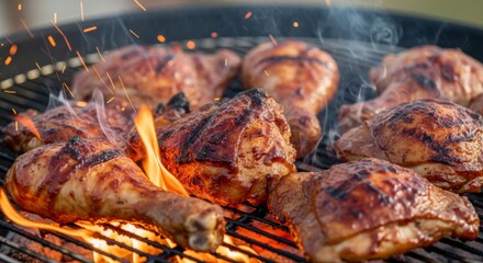 Chicken on Grill with Flames - Grilled chicken pieces on grill with flames. Preparing chicken for meal. BBQ