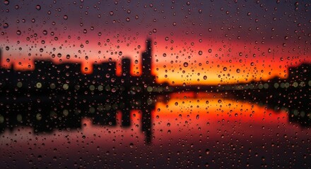 Cityscape at Dusk After Rain - A cityscape silhouetted against a vibrant sunset is seen through a window covered in raindrops, creating a moody and atmospheric scene